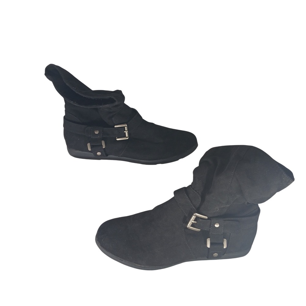 Rampage Bryce Black Faux‎ Suede Slouch Ankle Boots Silver Buckle Flat Mens 6.5M